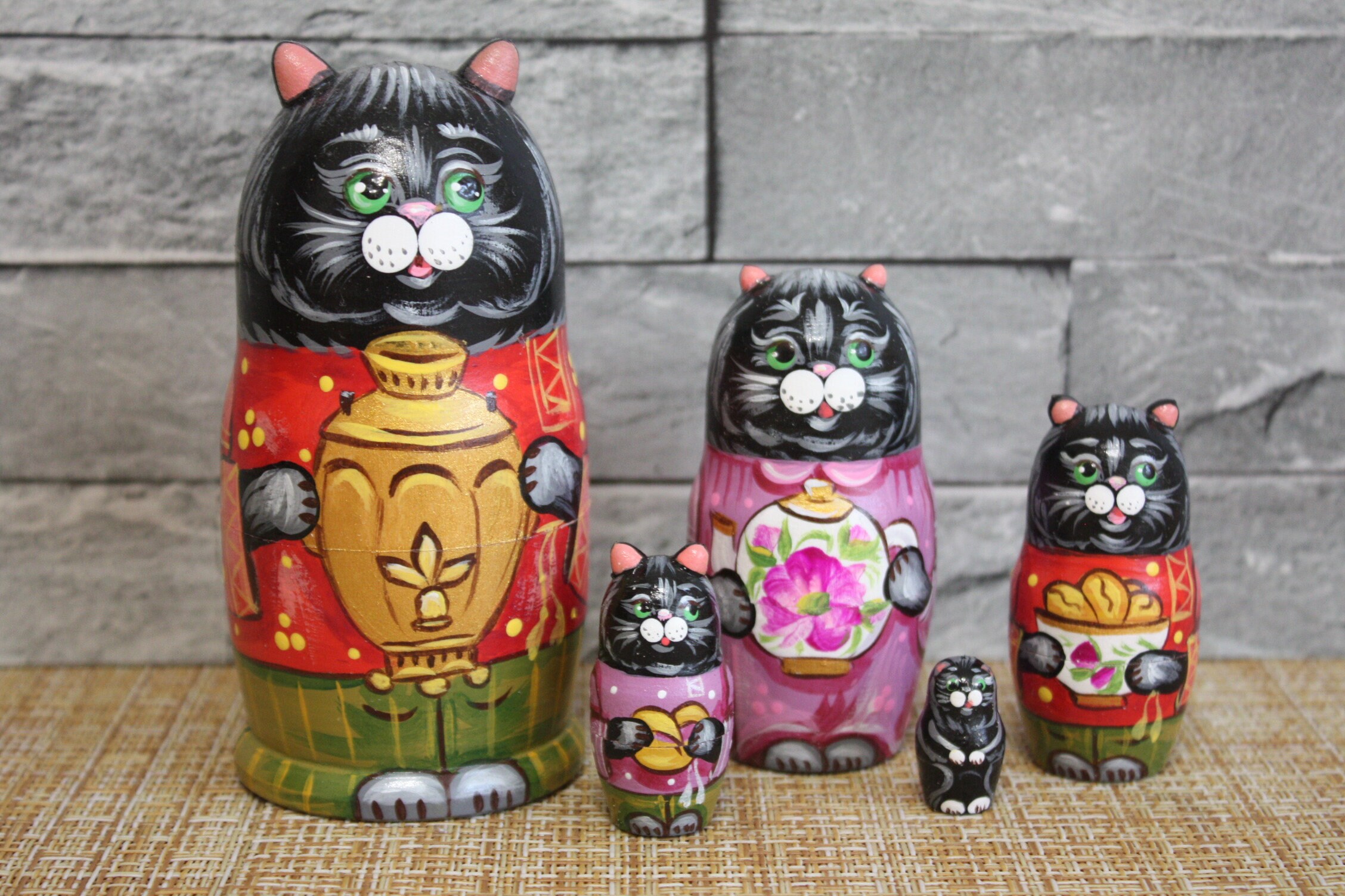 Russian Nesting Doll Figurine Cat with Samovar Hand Painted Etsy