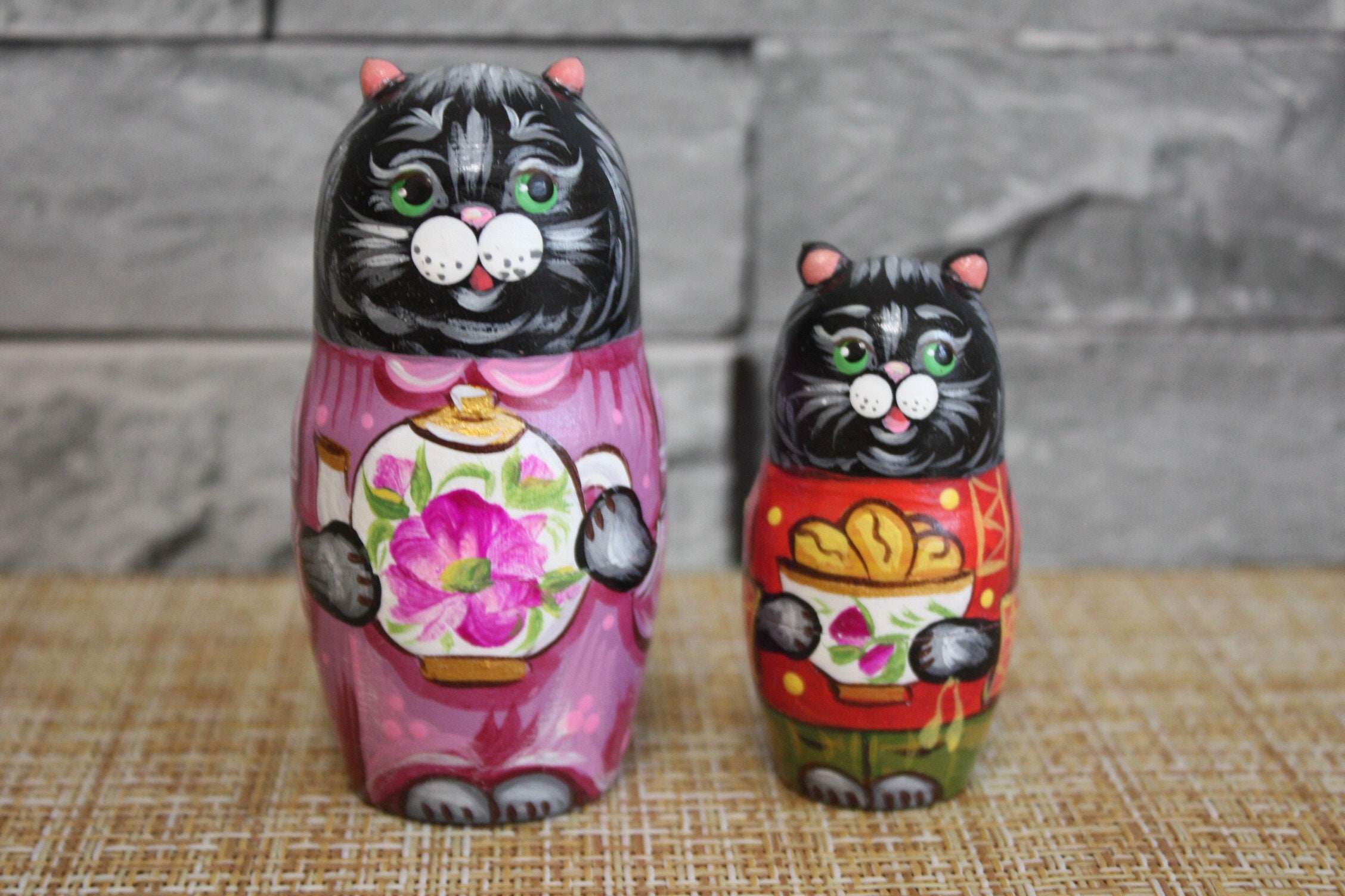 Russian Nesting Doll Figurine Cat with Samovar Hand Painted Etsy