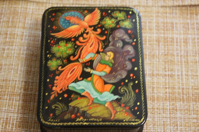 Handmade Trinket Box Russian Folk Tale Vintage Hand Painted Souvenir Firebird Old Jewelry Box Russian Lacquer Box Palekh Painting