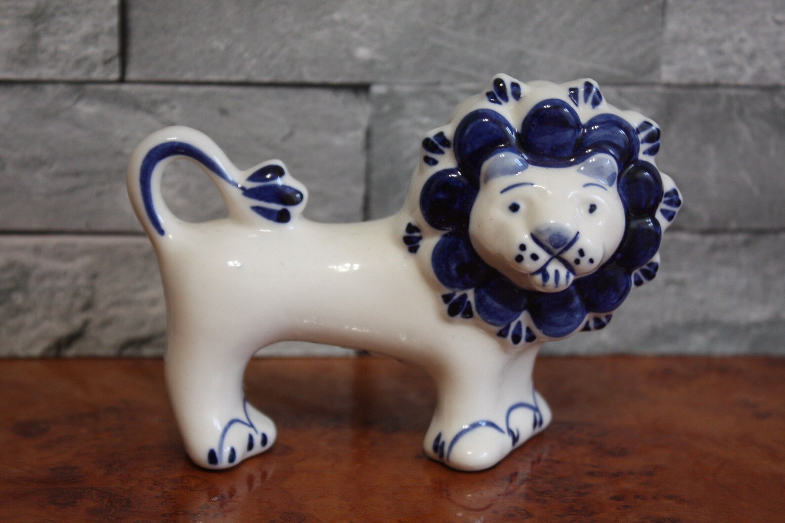 White Blue Porcelain Lion Figurine Hand Painted Ceramic Etsy