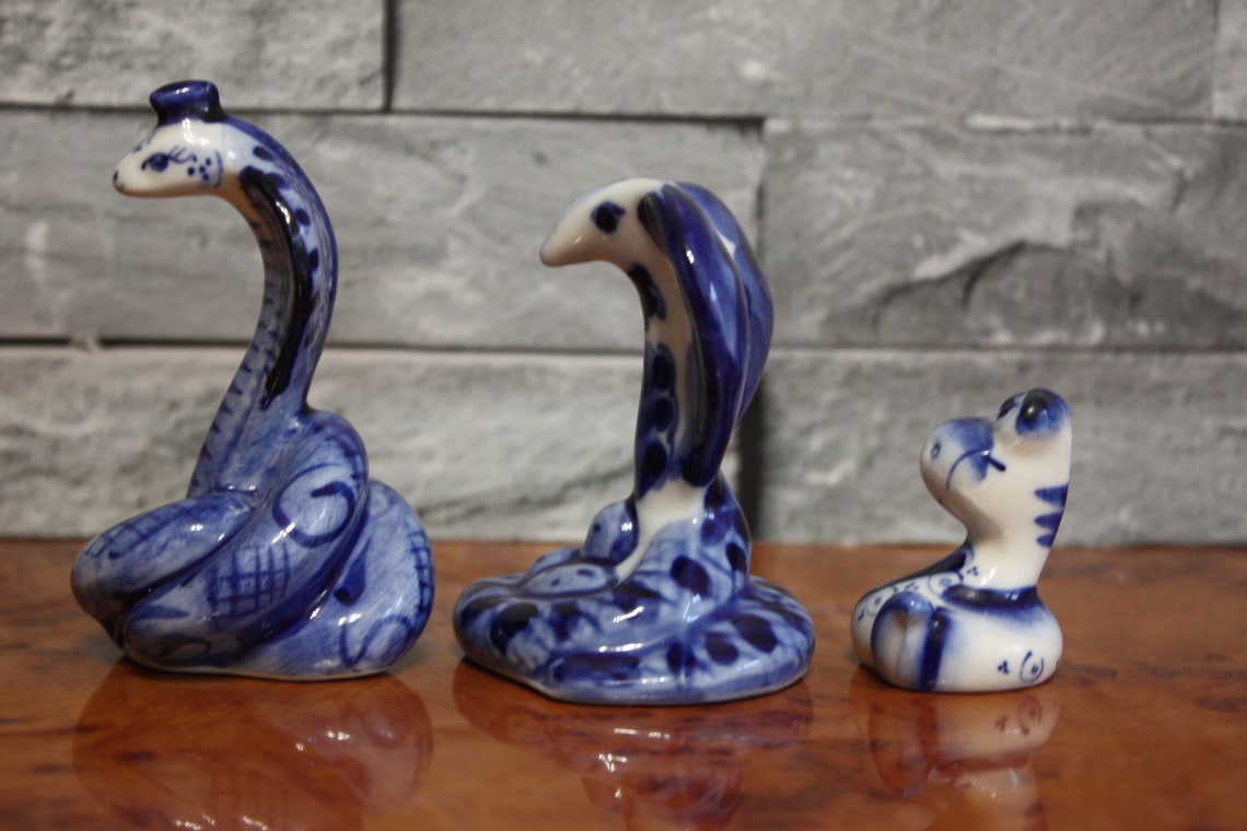 Set Vintage Ceramic Figurines Snake Statuette 1990s Gzhel | Etsy