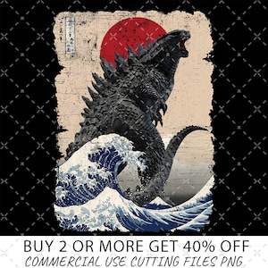 Vintage Japanese Godzilla Great Wave PNG, Godzilla and the Wave Youth Png, Godzilla King of the Monsters Adult Youth Kids Png
