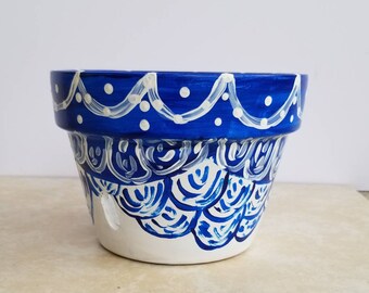 A Blue and White Terracotta Handpainted 6.75" Orchid Planter Container Pot