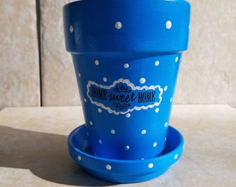 Turquoise Blue & White Polka-dot "Home Sweet Home" Medium 4" Terracotta Planter