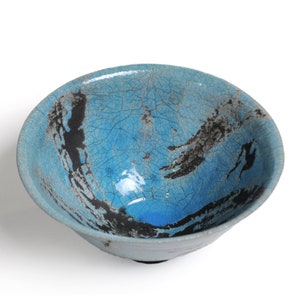 READY TO SHIP- Ceramic Raku Fired Turquoise Crackle Glaze Bowl, Fruit Bowl, Large Ceramic Bowl, Decorative Bowl