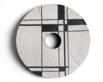 Ceramic Raku Wall Hanging, Crackle Glaze, Line Design