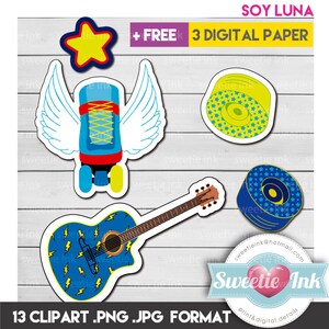 Puede incluir: Colecci&oacute;n de pegatinas de clipart digital coloridas, que incluyen una guitarra con rayos, un pat&iacute;n con alas y una estrella. El texto "SOY LUNA" y "+ FREE 3 DIGITAL PAPER" son visibles. Tambi&eacute;n est&aacute; presente el texto "13 CLIPART .PNG .JPG FORMAT".