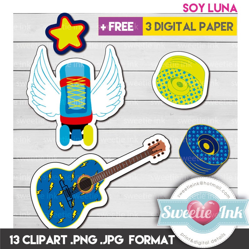 Puede incluir: Colecci&oacute;n de pegatinas de clipart digital coloridas, que incluyen una guitarra con rayos, un pat&iacute;n con alas y una estrella. El texto "SOY LUNA" y "+ FREE 3 DIGITAL PAPER" son visibles. Tambi&eacute;n est&aacute; presente el texto "13 CLIPART .PNG .JPG FORMAT".