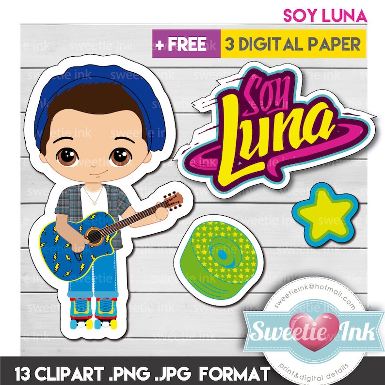 Puede incluir: Un conjunto de im&aacute;genes predise&ntilde;adas digitales con un personaje de dibujos animados con una guitarra, patines y las palabras "Soy Luna". Incluye una estrella, un c&iacute;rculo verde con estrellas y el texto "+ FREE 3 DIGITAL PAPER."