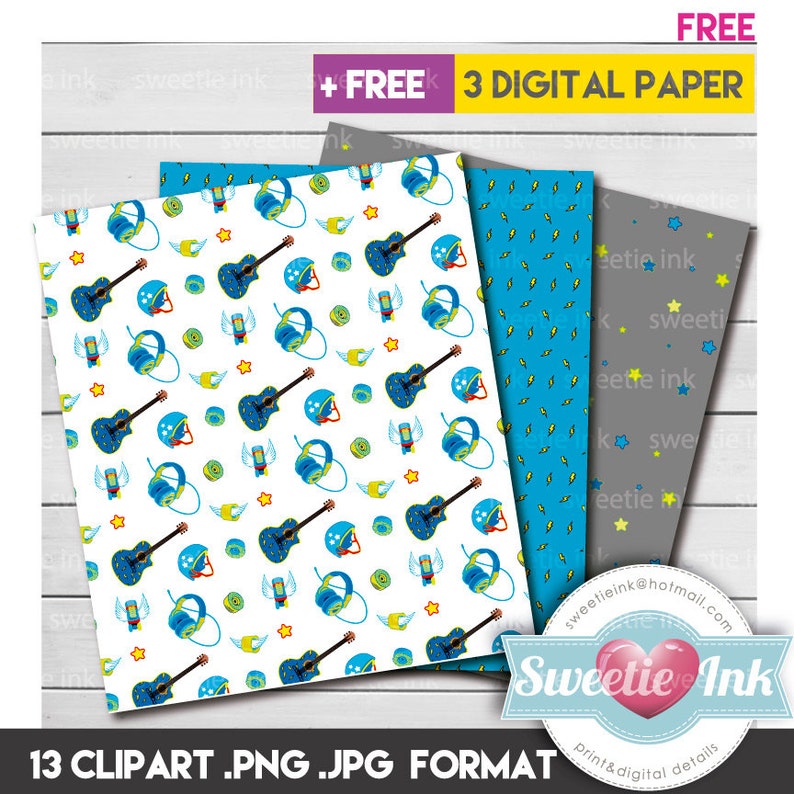 Puede incluir: Juego de papeles digitales con patrones de guitarras, auriculares, cascos y estrellas en azul, amarillo y blanco. Incluye un bono gratuito de 3 papeles digitales. El texto "FREE" y "Sweetie Ink" son visibles.