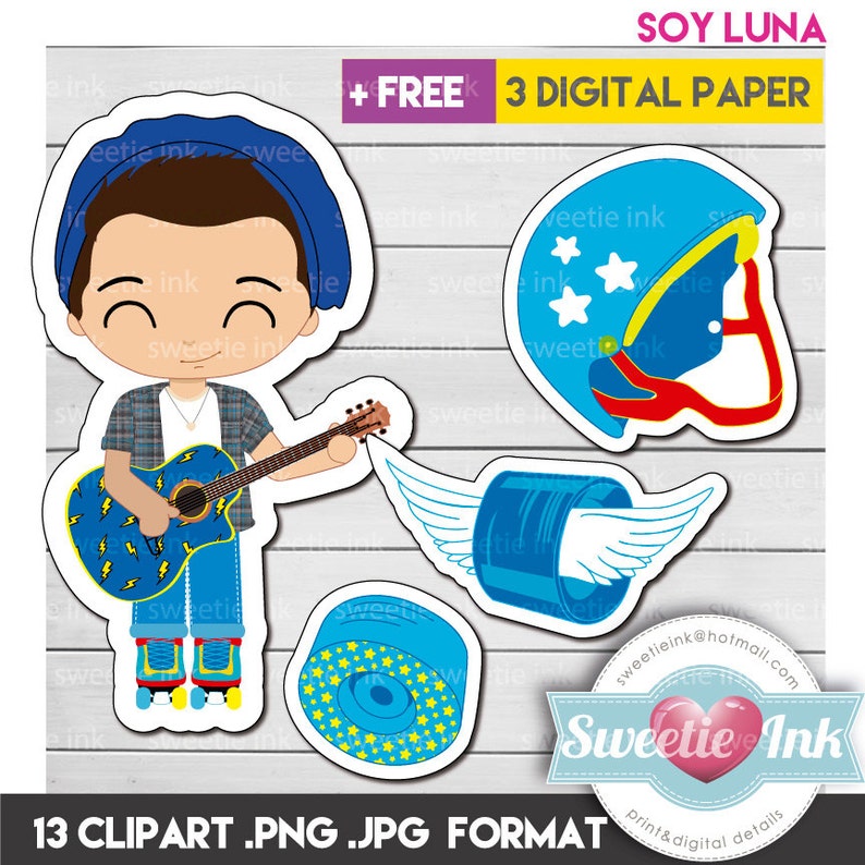 Puede incluir: Conjunto de im&aacute;genes predise&ntilde;adas digitales con ilustraciones de dibujos animados. Incluye un personaje con una guitarra, patines y un casco. La guitarra es azul con rayos. El casco es azul con estrellas. El texto incluye "SOY LUNA".