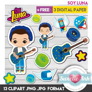 Puede incluir: Una colecci&oacute;n de 13 im&aacute;genes predise&ntilde;adas digitales con ilustraciones de dibujos animados. Los dise&ntilde;os incluyen una guitarra, estrellas, patines y personajes con guitarras. Tambi&eacute;n est&aacute; presente el texto "SOY LUNA" y "Sweetie Ink".
