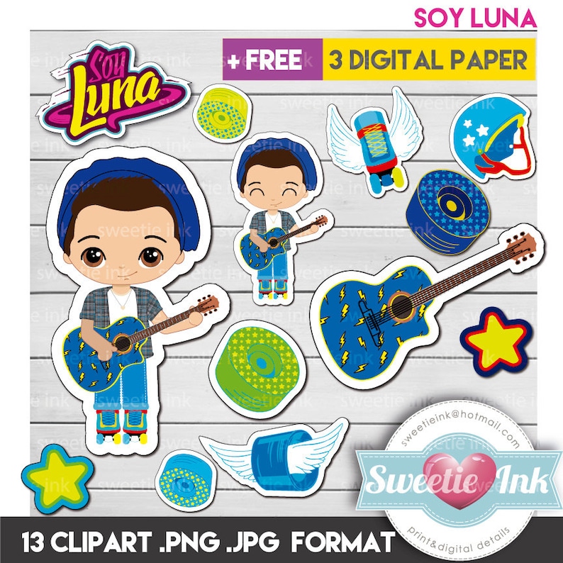 Puede incluir: Una colecci&oacute;n de 13 im&aacute;genes predise&ntilde;adas digitales con ilustraciones de dibujos animados. Los dise&ntilde;os incluyen una guitarra, estrellas, patines y personajes con guitarras. Tambi&eacute;n est&aacute; presente el texto "SOY LUNA" y "Sweetie Ink".