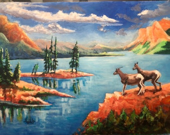 Beautiful Arcylic Banff Mountain Goat Painting