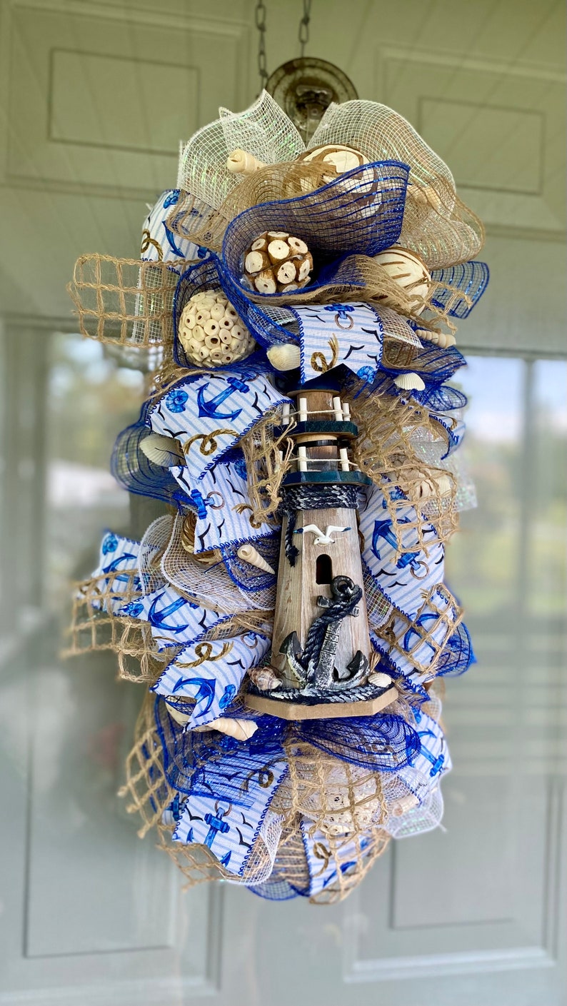 Nautical Lighthouse Swag – Beach Coastal Door Decor, Summer Wreath ...