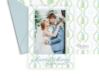 Married and Merry Photo Christmas Card, Grandmillennial Christmas Card, Watercolor Holiday Cards, Christmas, Married and Merry Card XMas