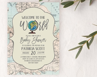 Patricia Welcome to the World Baby Shower Invitation, Editable Baby Shower, Adventure Awaits Baby Shower, Map Baby Shower, Travel Baby Showe