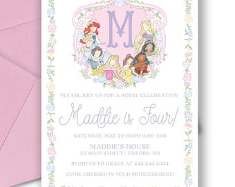 Invitación de cumpleaños de princesa, escudo rosa en acuarela, monograma, editable (digital)