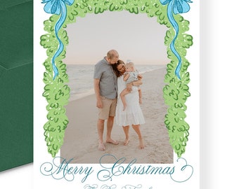 Garland Framed Christmas Photo Card: Blue Bow Holiday Card (Digital)