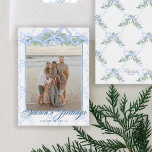 Printed Blue Garland Christmas Card, Christmas Photo Card, Holiday Card, Watercolor Christmas Card, Printed Holiday Card, Printed Christmas