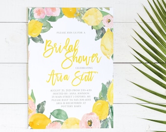 Aria Lemon Wreath Bridal Shower Invitation, Watercolor Lemon Wreath, Summer Bridal Shower Invite, Editable, Template, Instant Download, DIY