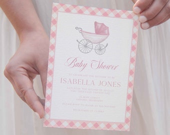 Invitación de baby shower Isabella Girl, invitación a Gingham rosa, invitación editable, invitación rosa y blanca, invitación a acuarela, acceso instantáneo