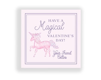 May include: A pink unicorn with a purple mane and tail on a light pink background. The text reads "Have a Magical Valentine's Day! Your Friend, Collins."