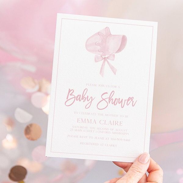 Emma Baby Bonnet Blush Pink Floral Baby Shower Invitation Girl, Editable, Printable Girl Baby Shower Invitation Template, Pink, It's a Girl