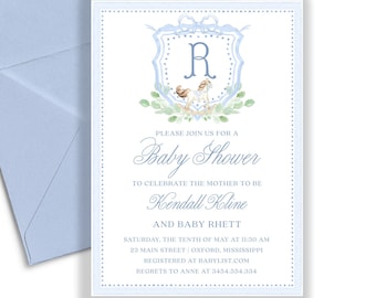 Watercolor Crest Baby Shower Invitation, Rocking Horse, Monogram (Digital or Printed)