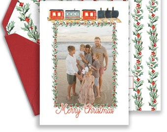 North Pole Express, Grandmillenial Watercolor Photo Christmas Card, Xmas Train, Professionally Printed Card, Holiday Photo Card, Printed