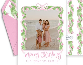 Pink Bow Garland, Grandmillenial Watercolor Photo Christmas Card, Preppy Card, Professionally Printed Card, Holiday Photo Card, Printed