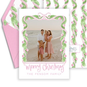 Pink Bow Garland, Grandmillenial Watercolor Photo Christmas Card, Preppy Card, Professionally Printed Card, Holiday Photo Card, Printed