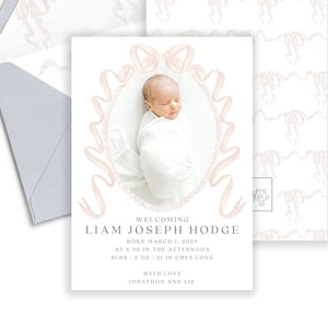 Faire-part de naissance Liam Joseph neutre entre les sexes, carte photo, bébé garçon, petite fille accueillant, faire-part de naissance aquarelle, impression instantanée, personnalisé