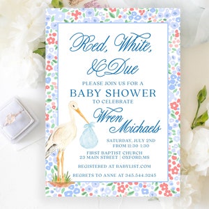 Wren Michaels Baby Shower, Red White and Due, Stork, Patriotic Baby Shower, Summer time Baby Shower,Instant Print,Watercolor InstantDownload