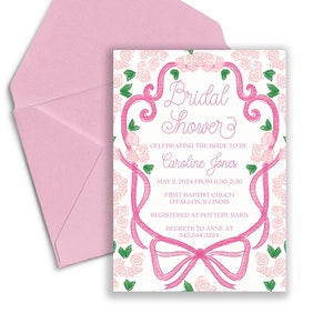 Caroline Jones Custom Bridal Shower Invitation, Floral Heart Bow Bridal Shower Invite, Pink Spring Summer Bridal Shower Invitation, Editable