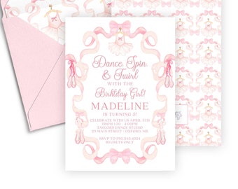 Madeline acuarela rosa bailarina cumpleaños invitación plantilla imprimible, invitación de cumpleaños de ballet, invitación de bailarina editable, Tutu
