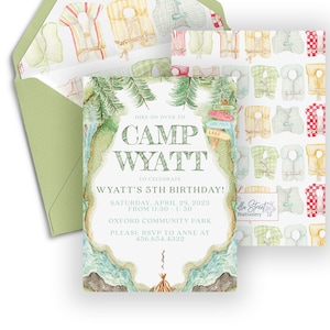 Wyatt Camp Wilderness Geburtstagsparty, Aquarell Camping Geburtstagseinladung Vorlage, Camping Party Einladung, Camp Out, Sofort Download