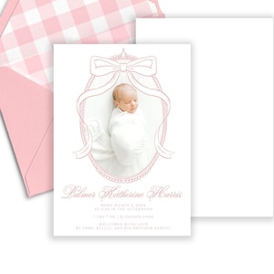 Palmer Baby Girl Birth Announcement, Watercolor, Classic Baby Birth, Pink, Newborn, Preppy, Photo Watercolor Crest, Baby Girl Announcement