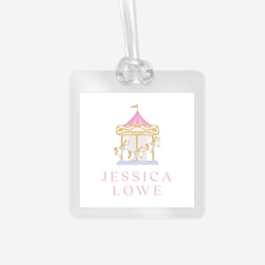 Laminated Fun Bag Tag, Girl Luggage Tag, Personalized Bag Tag, Girl Carousel Tag, Bag Tag, Kids Bag Tag, Car Rider Tag, Watercolor