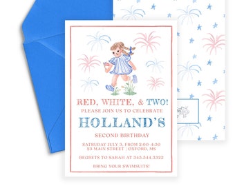 Holland Little Girl, Red White and Two Blue, Fourth of July Birthday Invitations, Firework Watercolor, Firework Summer Time Instant Download