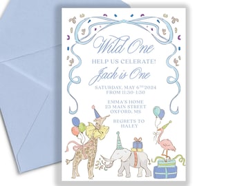 Blue Wild One Birthday Invitation, Watercolor Animals (Digital or Printed)