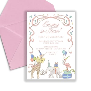 May include: A pink and white invitation card with the text "Emma is Two!" and a cartoon illustration of a giraffe, elephant, and flamingo with party hats and balloons. The invitation details a birthday party on Saturday, May 6th, 2024 from 11:30 AM to 1:30 PM at Emma's home, 23 Main Street, Oxford, MS.  The invitation also includes the text "Regrets to Haley".