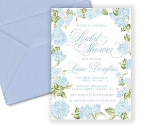May include: A blue and green floral bridal shower invitation with a white background. The invitation reads "Please join us for a Bridal Shower celebrating Louise Douglass" with the date, time, and location of the event.