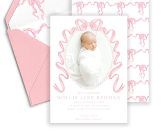 Hollis Jane Pink Bow Watercolor Birth Announcement, Girl Birth Announcement, Beautiful Bow Birth Announcement, Welcome Baby, Welcoming