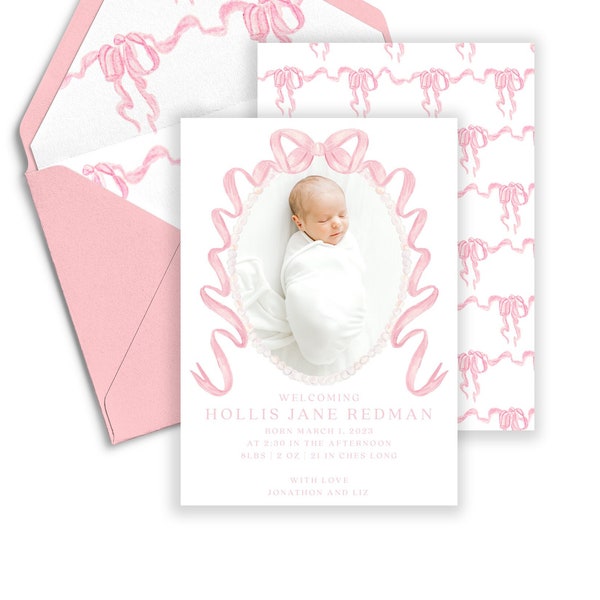 Hollis Jane Pink Bow Watercolor Birth Announcement, Girl Birth Announcement, Beautiful Bow Birth Announcement, Welcome Baby, Welcoming