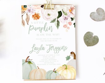 Layla Fall Baby Shower Invitation, Editable Autumn Shower Invites, Instant Download Floral Rustic Shower Invite Template, Little Pumpkin