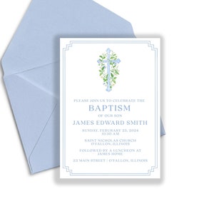 James Edward, Blue and Green Baptism Editable Invitation, Floral Cross Crest, Spring Floral, Editable Invite, Printed or Digital