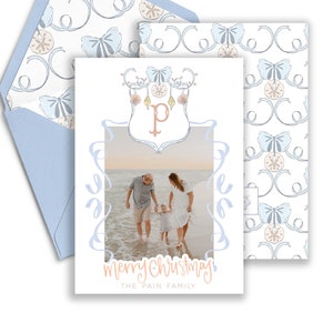 Sand Dollars & SeaShell Ornament , Grandmillenial Watercolor Photo Christmas Card, Bright Professionally Printed Card, Holiday Photo Card