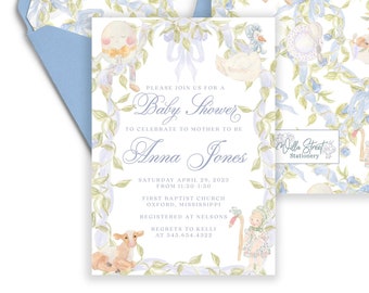 Anna Jones Boy Nursery Rhyme Baby Shower Invitation, DIY Storybook Baby Invitation, Mother Goose Invitation,Humpty Dumpty Baby Shower,Preppy