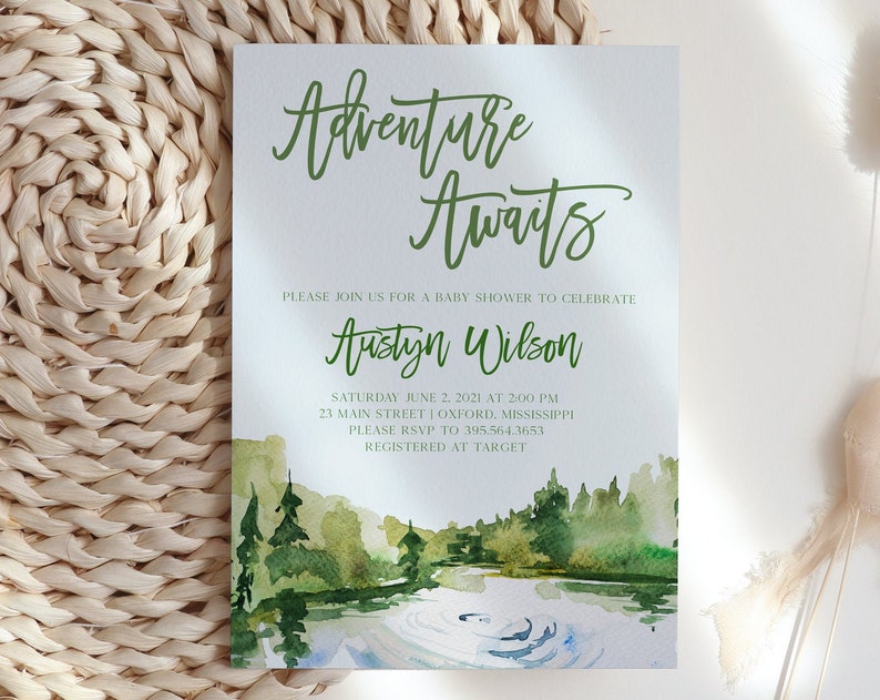 Austyn Adventure Awaits Baby Shower Invite Travel Adventure Awaits Printable Invite Lake Invitation DIY Invite Baby Shower